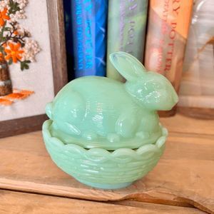 Mosser Glass Bunny on Nest Jadeite Green Made in USA
